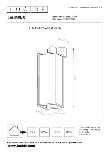 Lucide LAURENS - Wandleuchte Innen/Außen - 1xE27 - IP54 - Schwarz - technisch